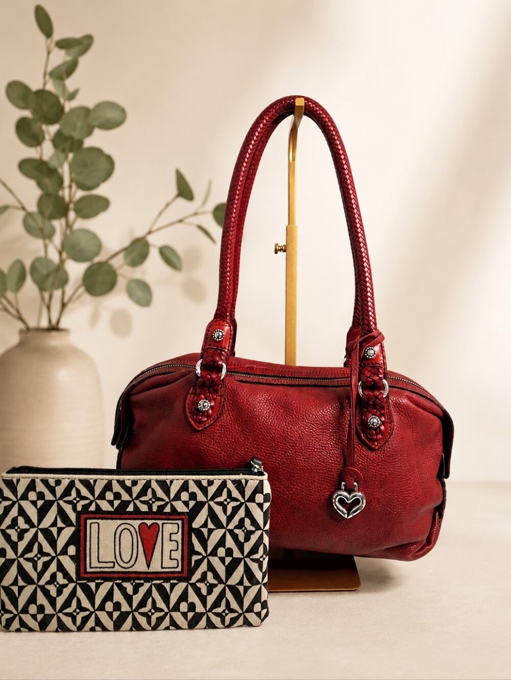 Brighton Red Pebbled Leather Shoulder Bag + LOVE Canvas Zip Pouch EUC